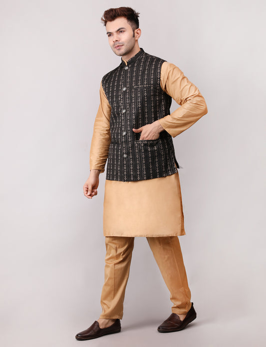Men's Silk Blend Golden Kurta Pajama with Designer Bundi Nehru Jacket/Waistcoat Black
