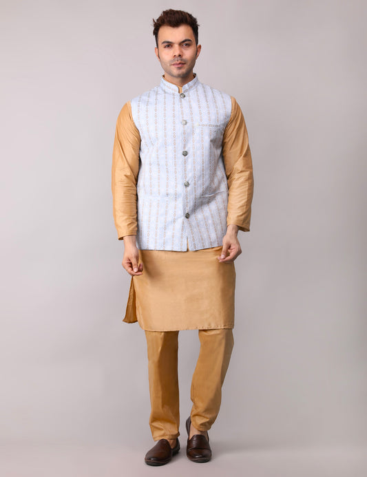 Men's Silk Blend Golden Kurta Pajama with Designer Bundi Nehru Jacket/Waistcoat Light Blue
