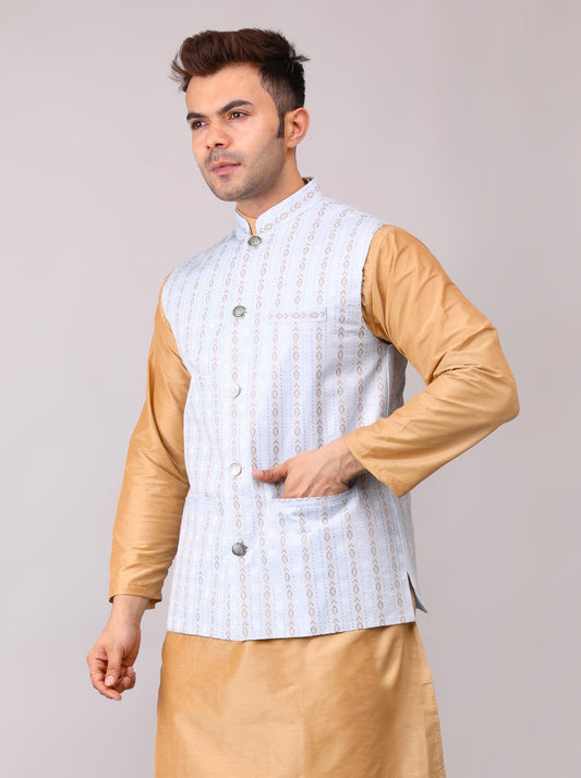 Men's Jawahar cut || Modi Jacket || Nehru Jacket Waist Coat || Vest Ethnic Wear Light Blue Gold