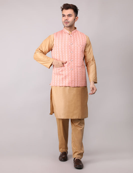 Men's Silk Blend Golden Kurta Pajama with Designer Bundi Nehru Jacket/Waistcoat Peach