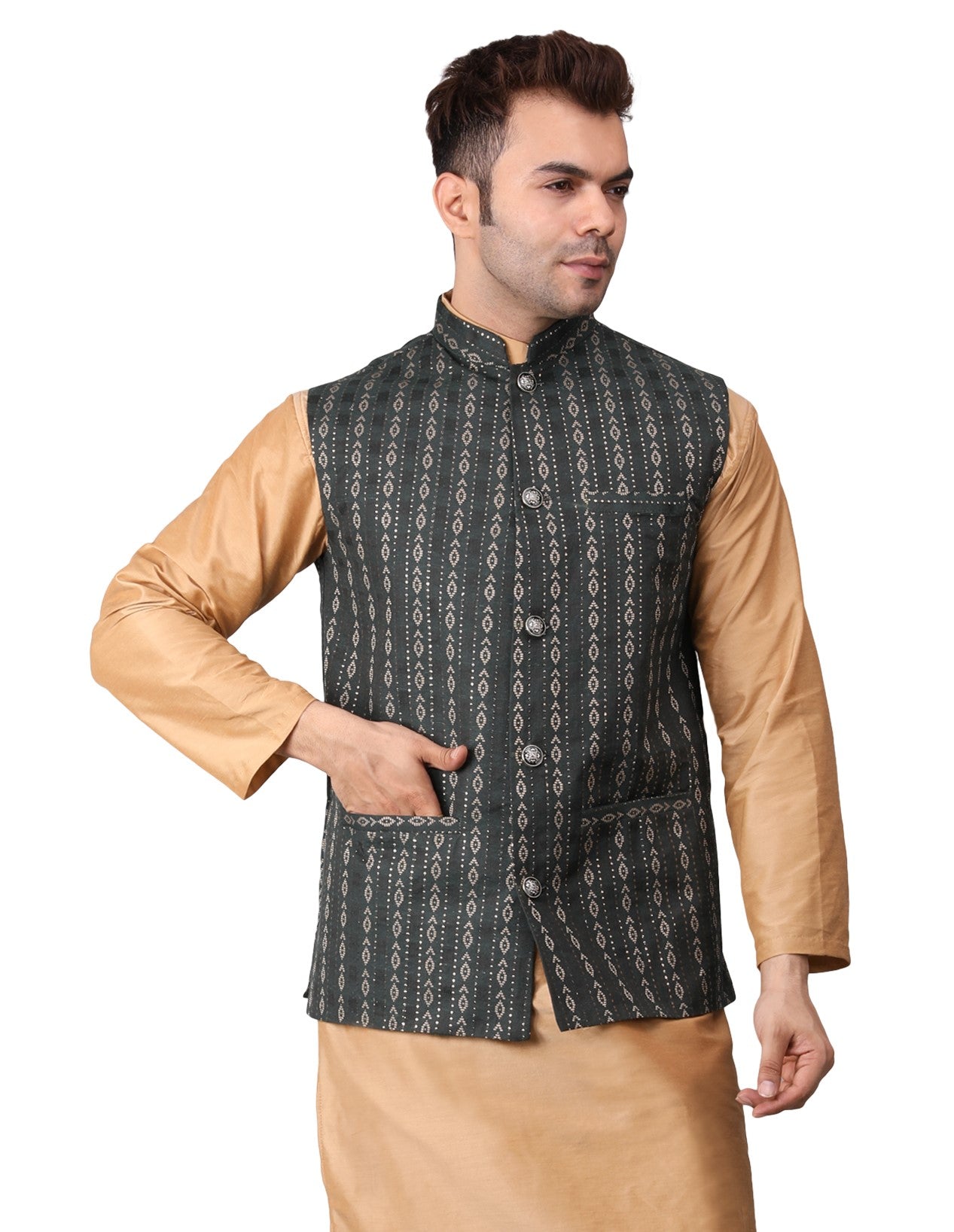Men's Jawahar cut || Modi Jacket || Nehru Jacket Waist Coat || Vest Ethnic Wear Dark Green Gold