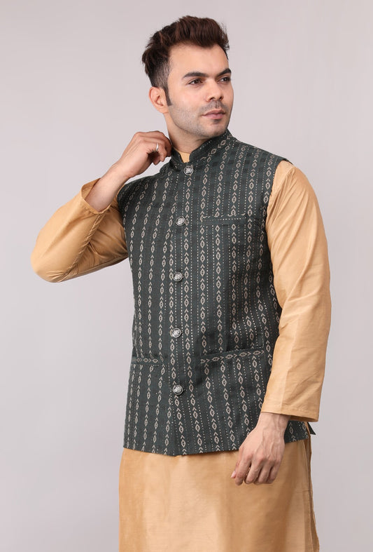 Men's Jawahar cut || Modi Jacket || Nehru Jacket Waist Coat || Vest Ethnic Wear Dark Green Gold