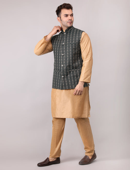 Men's Silk Blend Golden Kurta Pajama with Designer Bundi Nehru Jacket/Waistcoat Dark Green