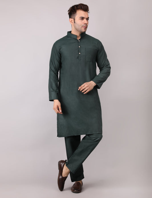Men's Plain Dark Green Cotton Kurta Pajama Set