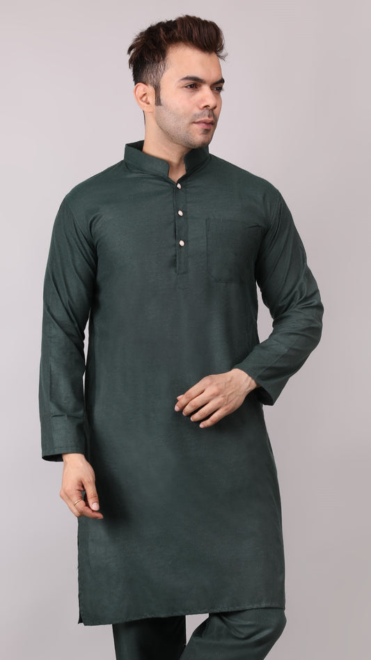 Men's Plain Dark Green Cotton Kurta