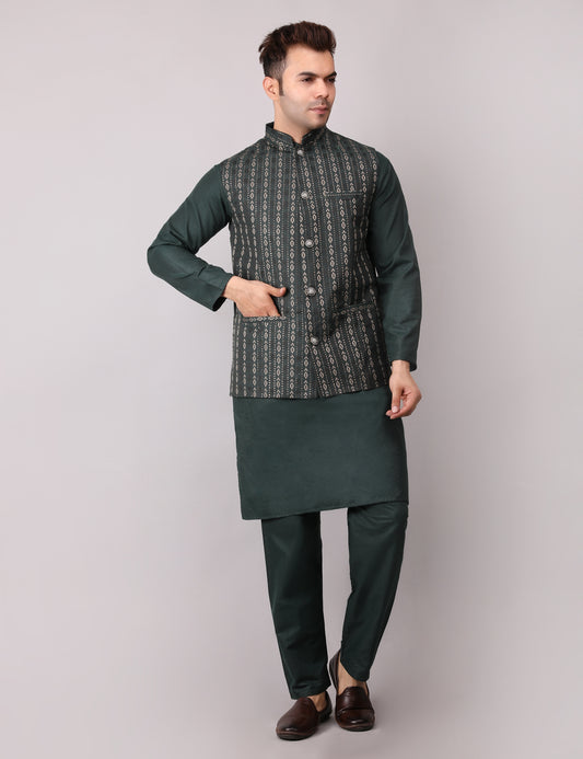 Men's Silk Blend Kurta Pajama with Designer Bundi Nehru Jacket/Waistcoat Dark Green