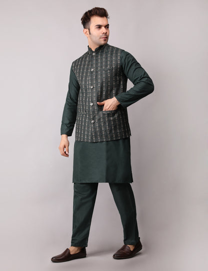 Men's Silk Blend Kurta Pajama with Designer Bundi Nehru Jacket/Waistcoat Dark Green