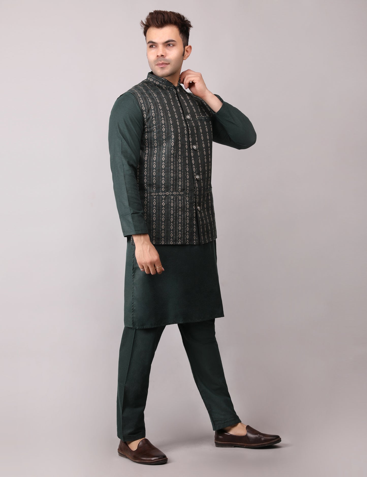 Men's Silk Blend Kurta Pajama with Designer Bundi Nehru Jacket/Waistcoat Dark Green