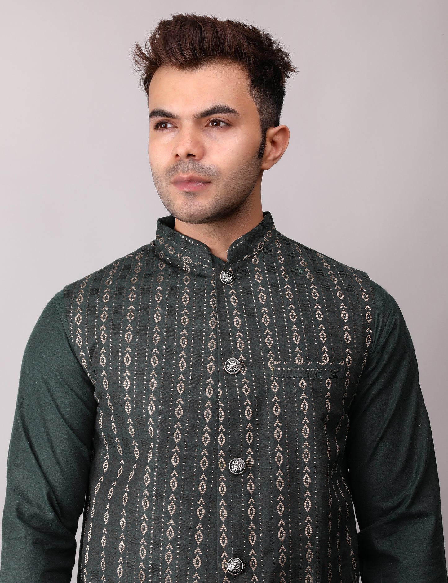 Men's Silk Blend Kurta Pajama with Designer Bundi Nehru Jacket/Waistcoat Dark Green