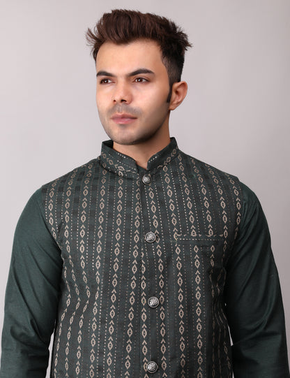 Men's Silk Blend Kurta Pajama with Designer Bundi Nehru Jacket/Waistcoat Dark Green