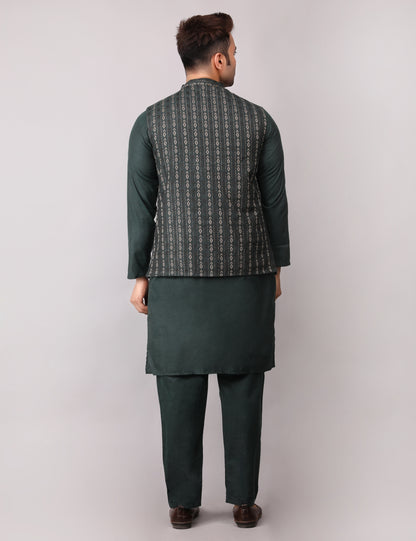 Men's Silk Blend Kurta Pajama with Designer Bundi Nehru Jacket/Waistcoat Dark Green