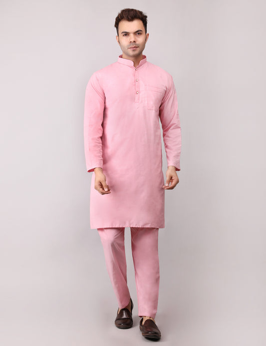 Men's Plain Pink Cotton Kurta Pajama Set