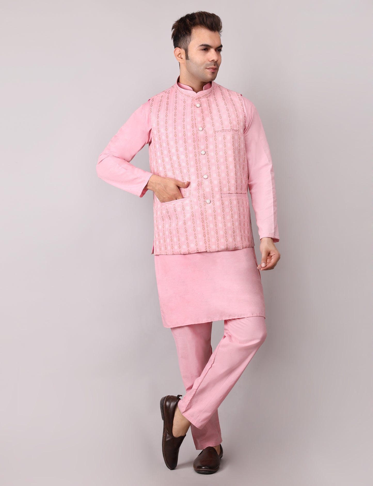 Men's Silk Blend Kurta Pajama with Designer Bundi Nehru Jacket/Waistcoat Pink