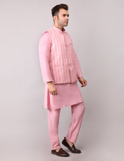 Men's Silk Blend Kurta Pajama with Designer Bundi Nehru Jacket/Waistcoat Pink