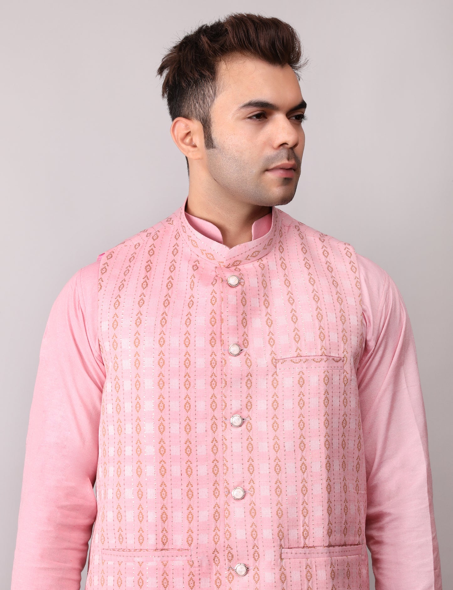 Men's Silk Blend Kurta Pajama with Designer Bundi Nehru Jacket/Waistcoat Pink
