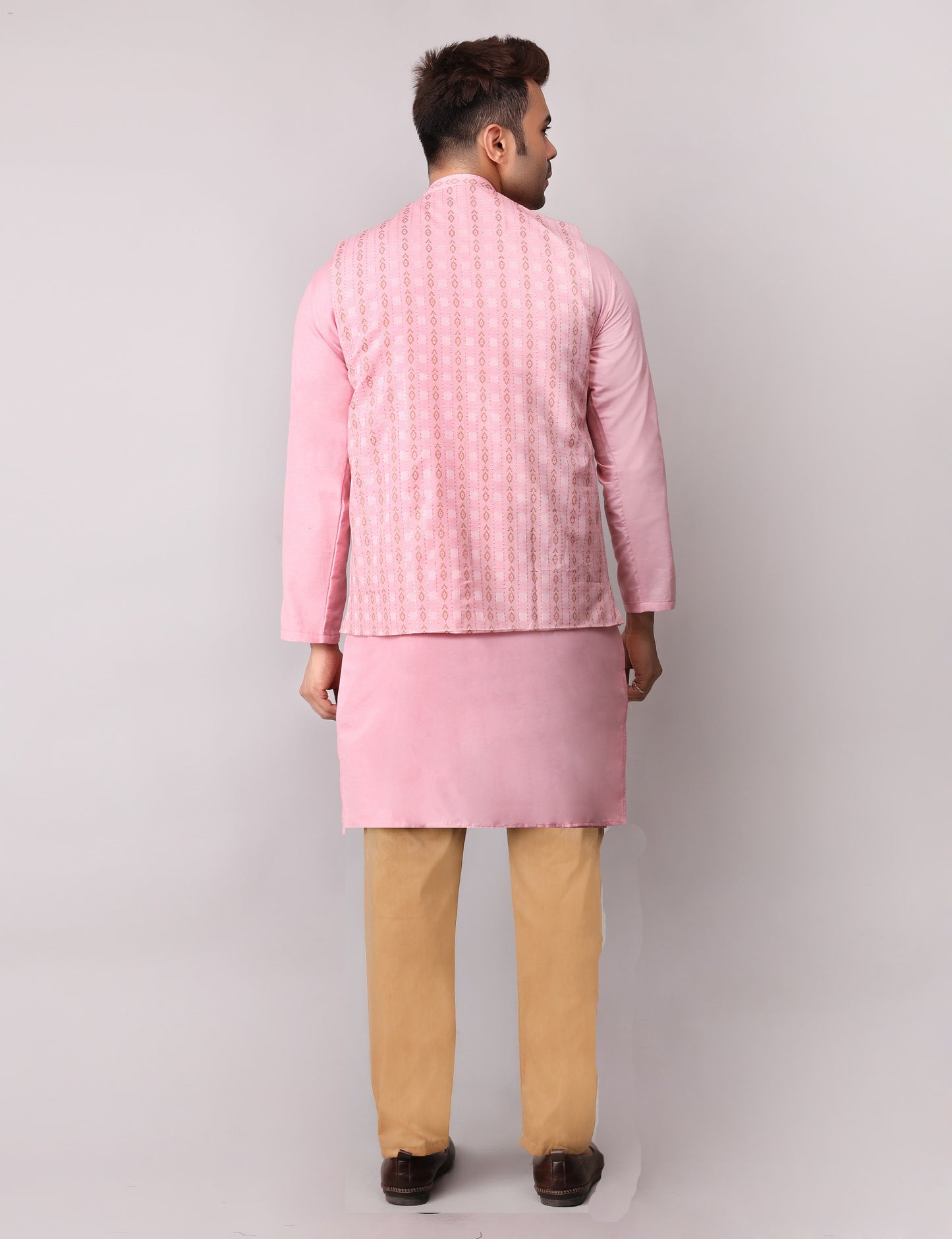Men's Silk Blend Kurta Pajama with Designer Bundi Nehru Jacket/Waistcoat Pink
