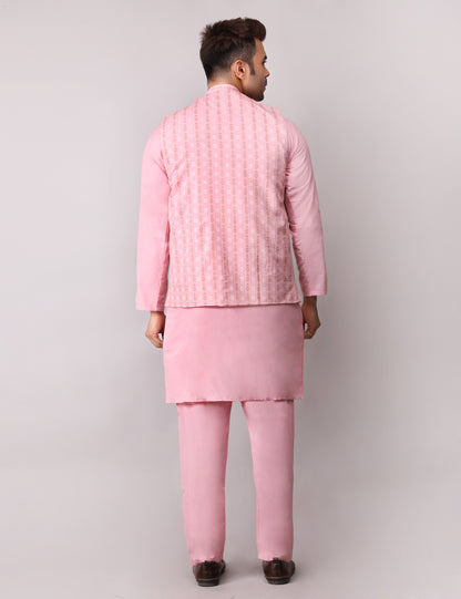 Men's Silk Blend Kurta Pajama with Designer Bundi Nehru Jacket/Waistcoat Pink