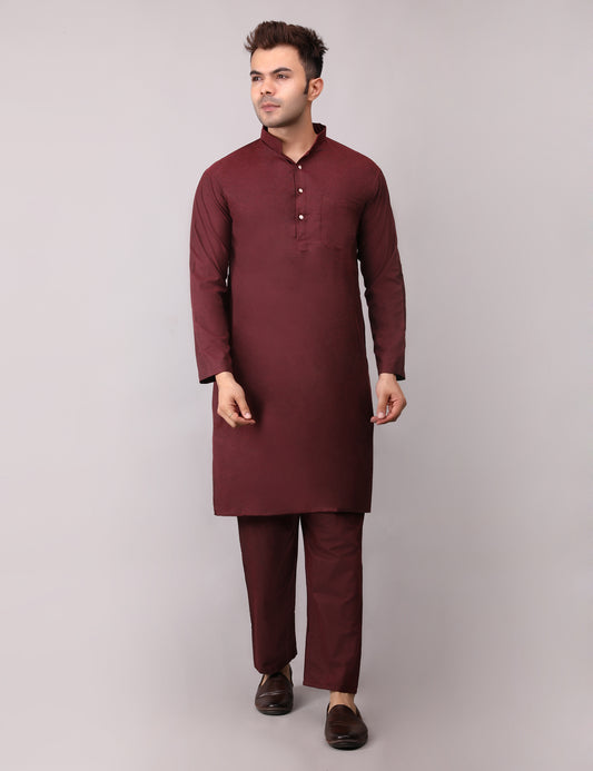 Men's Plain Maroon Cotton Kurta Pajama Set