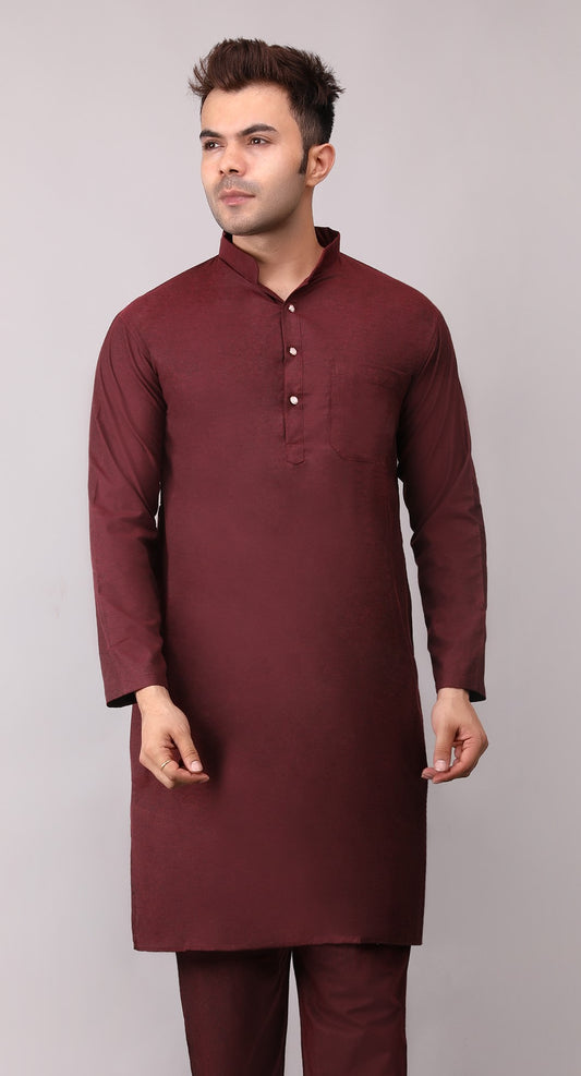 Men's Plain Maroon Cotton Kurta