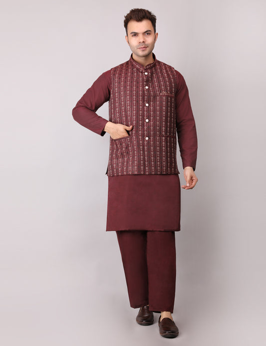 Men's Silk Blend Kurta Pajama with Designer Bundi Nehru Jacket/Waistcoat Maroon