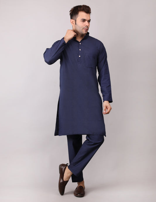 Men's Plain Dark Blue Cotton Kurta Pajama Set