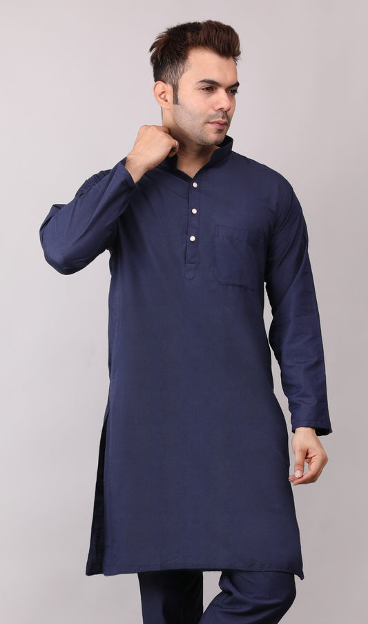Men's Plain Dark Blue Cotton Kurta