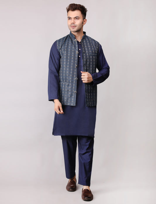 Men's Silk Blend Kurta Pajama with Designer Bundi Nehru Jacket/Waistcoat Dark Blue
