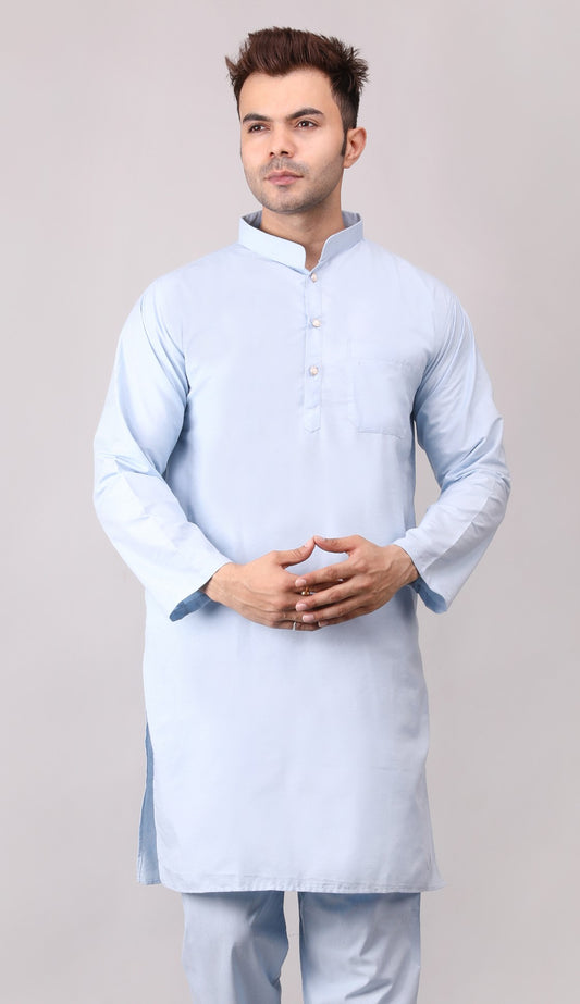 Men's Plain Light Blue Cotton Kurta