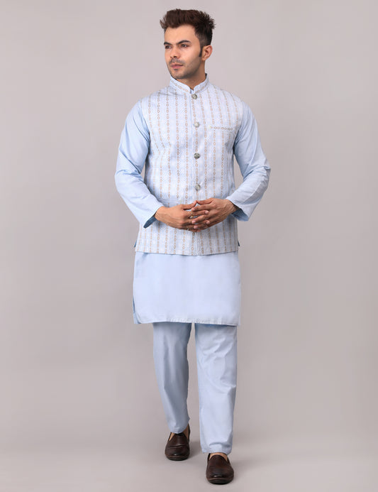 Men's Silk Blend Kurta Pajama with Designer Bundi Nehru Jacket/Waistcoat Light Blue