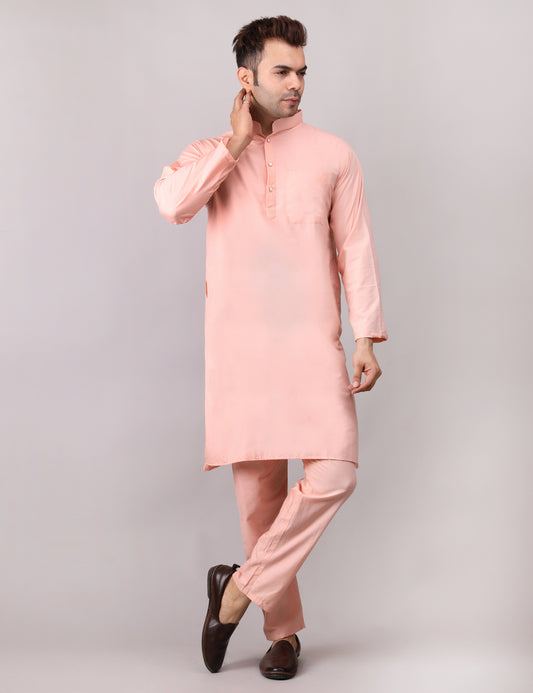 Men's Plain Peach Cotton Kurta Pajama Set