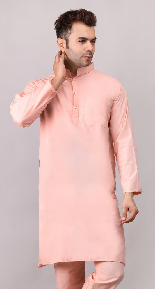 Men's Plain Peach Cotton Kurta