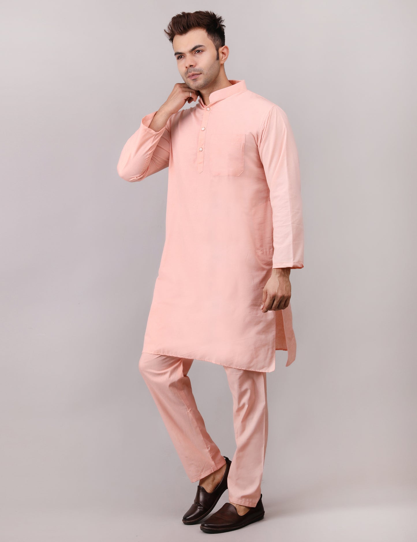 Men's Plain Peach Cotton Kurta Pajama Set