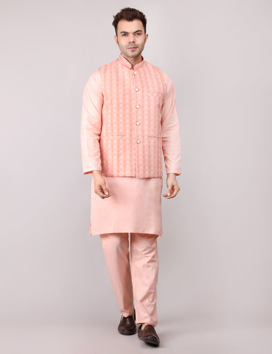 Men's Silk Blend Kurta Pajama with Designer Bundi Nehru Jacket/Waistcoat Peach