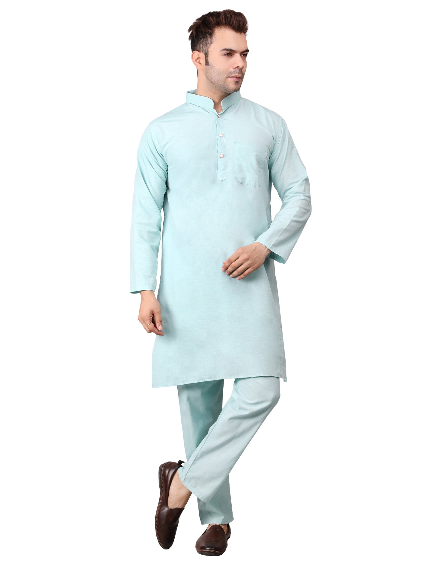 Men's Plain Light Green Cotton Kurta Pajama Set