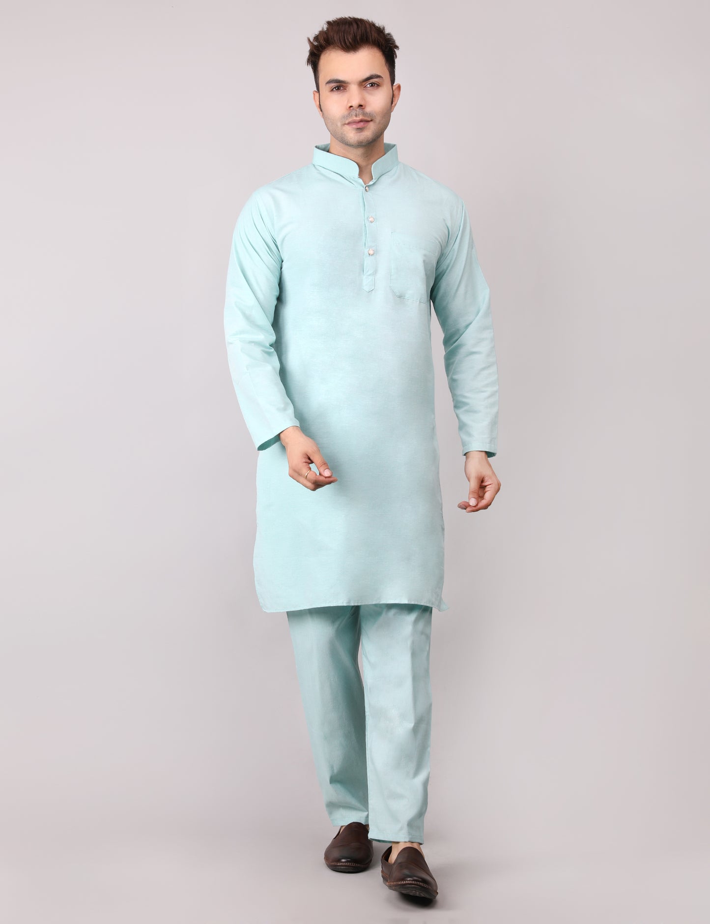 Men's Plain Light Green Cotton Kurta Pajama Set