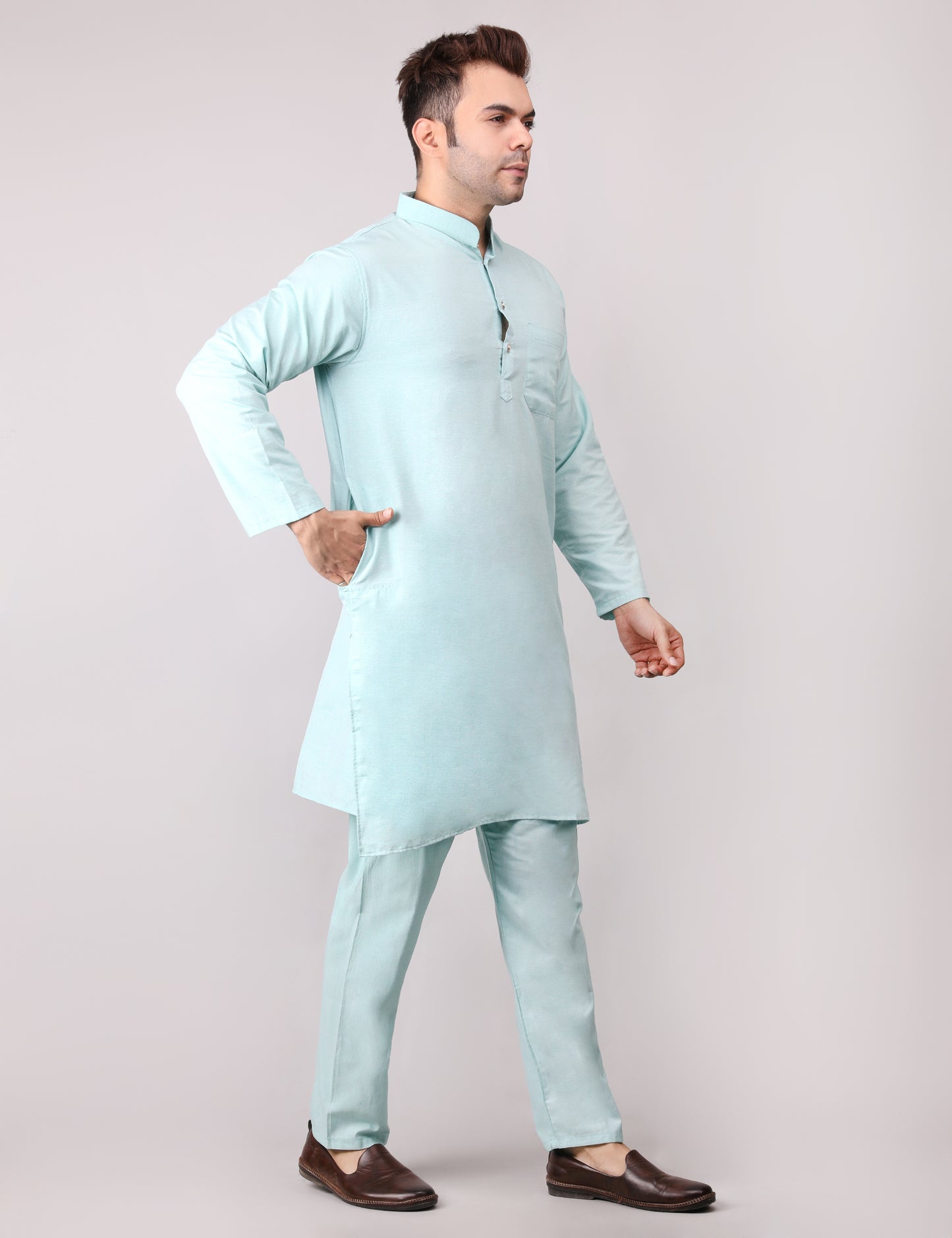 Men's Plain Light Green Cotton Kurta Pajama Set