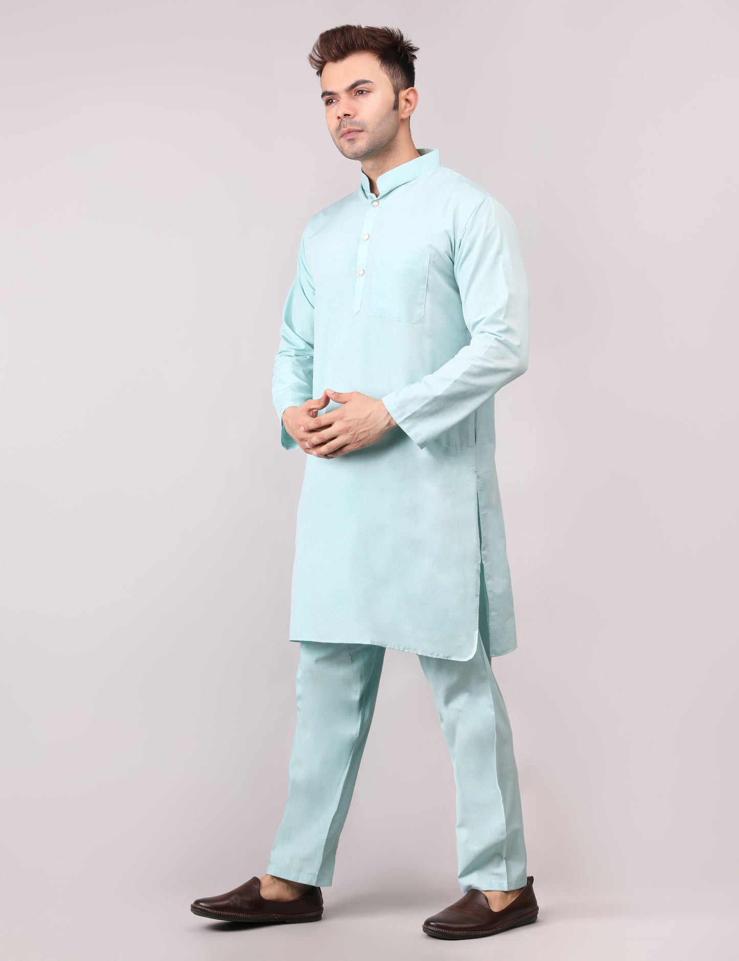 Men's Plain Light Green Cotton Kurta Pajama Set
