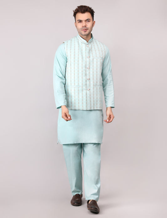 Men's Silk Blend Kurta Pajama with Designer Bundi Nehru Jacket/Waistcoat Light Green