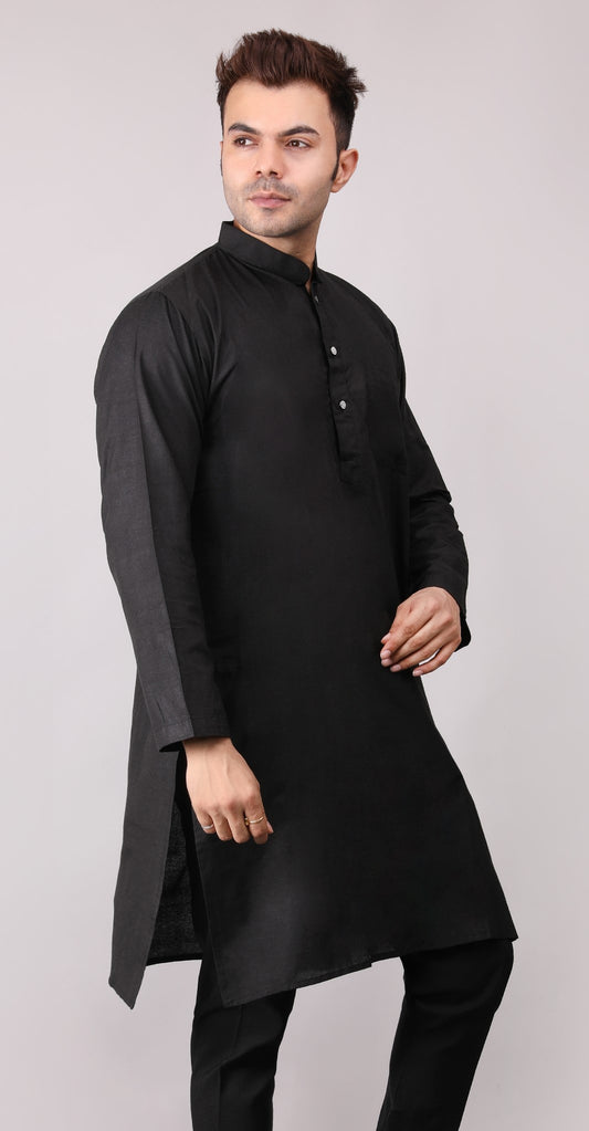 Men's Plain Black Cotton Kurta