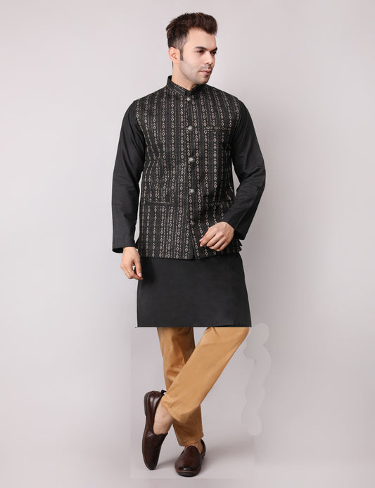 Men's Silk Blend Kurta Pajama with Designer Bundi Nehru Jacket/Waistcoat Black