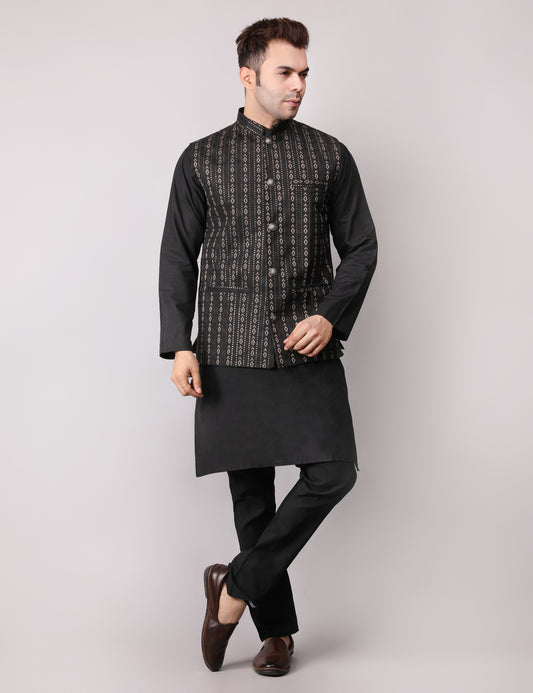 Men's Silk Blend Kurta Pajama with Designer Bundi Nehru Jacket/Waistcoat Black