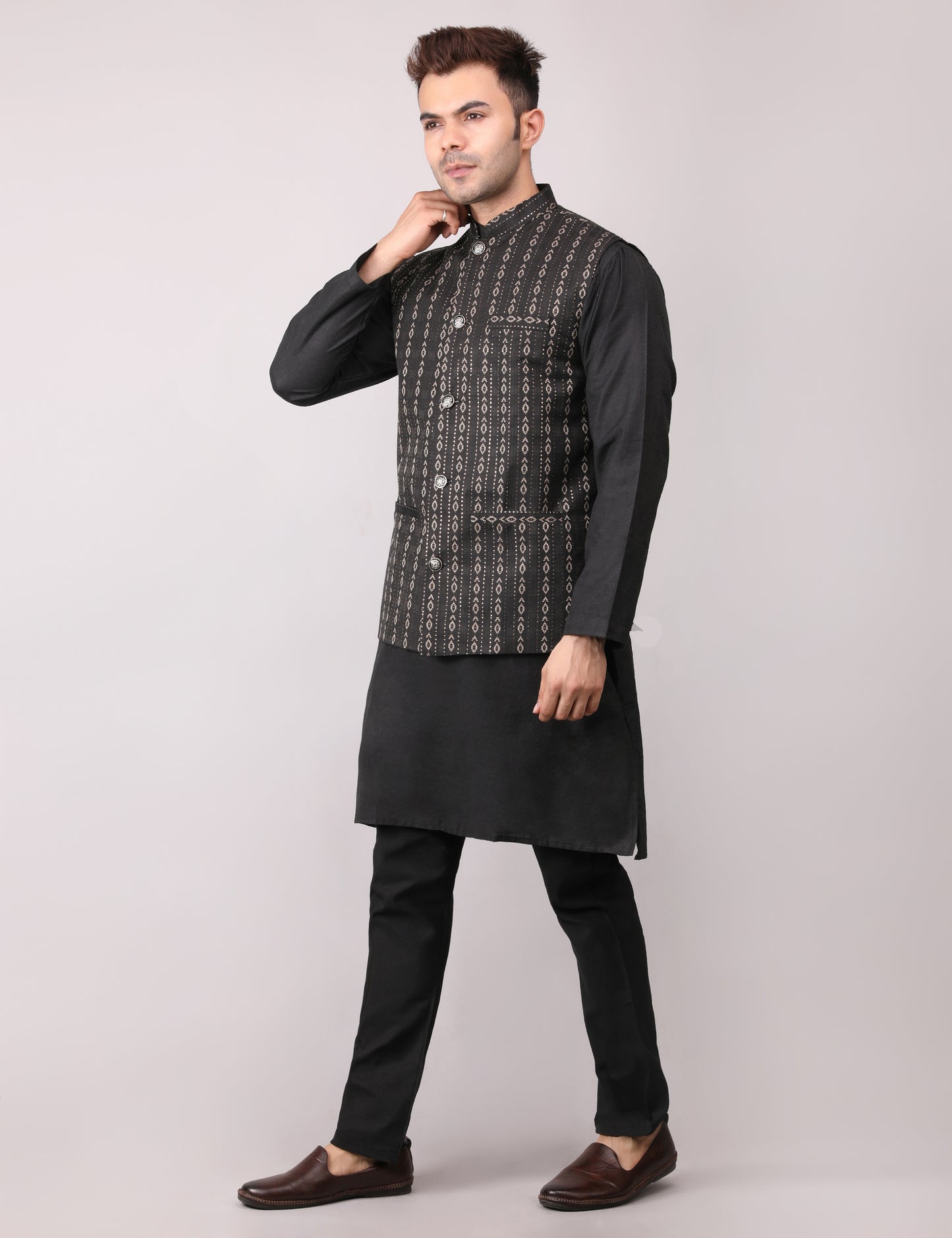 Men's Silk Blend Kurta Pajama with Designer Bundi Nehru Jacket/Waistcoat Black