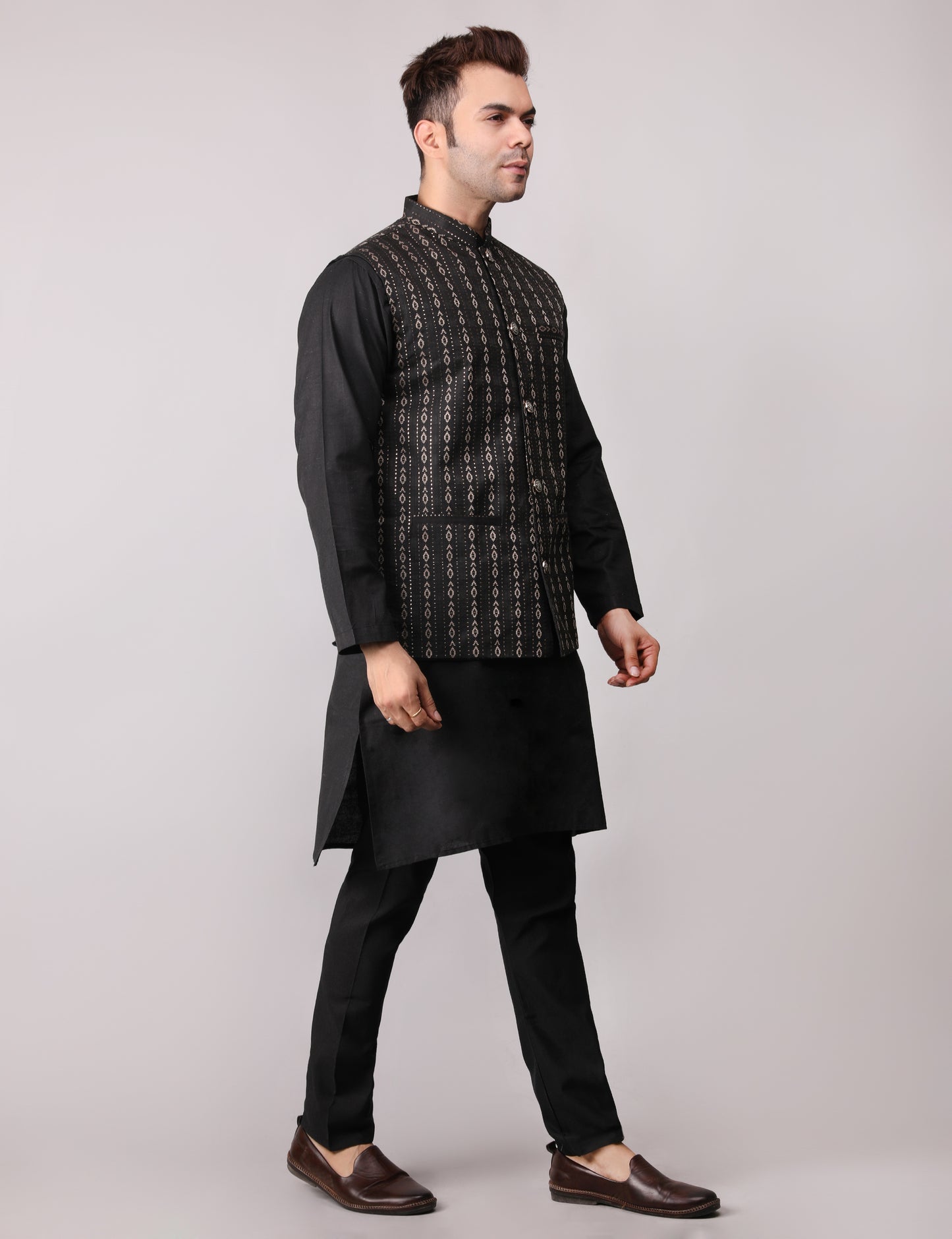 Men's Silk Blend Kurta Pajama with Designer Bundi Nehru Jacket/Waistcoat Black