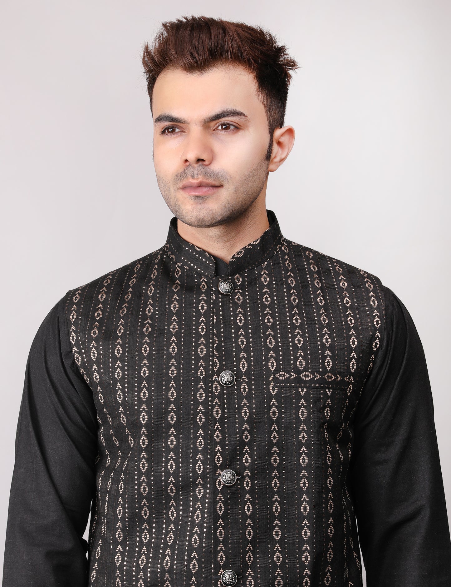 Men's Silk Blend Kurta Pajama with Designer Bundi Nehru Jacket/Waistcoat Black