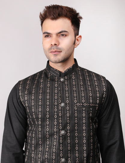 Men's Silk Blend Kurta Pajama with Designer Bundi Nehru Jacket/Waistcoat Black
