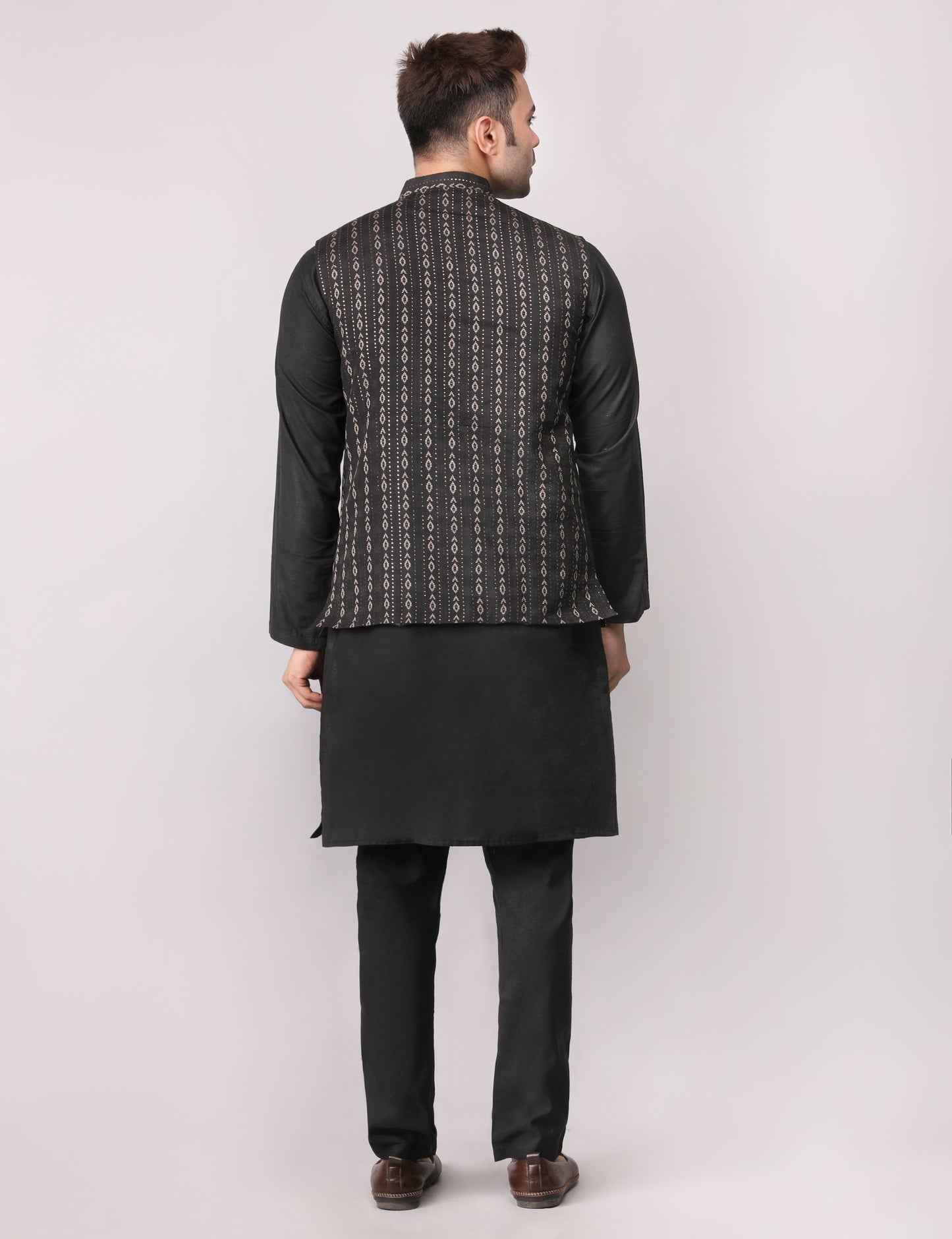 Men's Silk Blend Kurta Pajama with Designer Bundi Nehru Jacket/Waistcoat Black