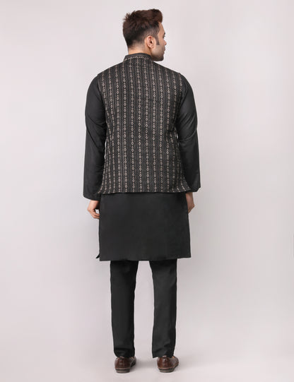 Men's Silk Blend Kurta Pajama with Designer Bundi Nehru Jacket/Waistcoat Black