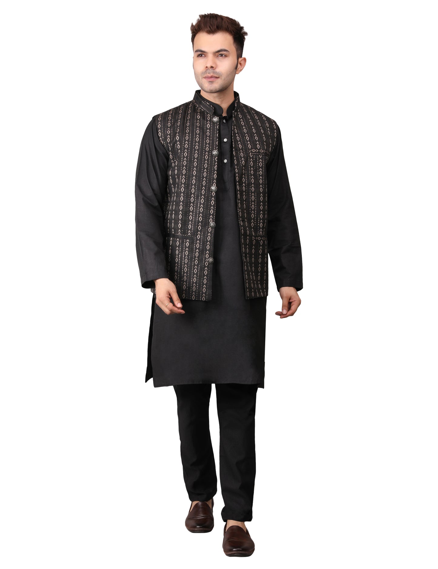 Men's Silk Blend Kurta Pajama with Designer Bundi Nehru Jacket/Waistcoat Black