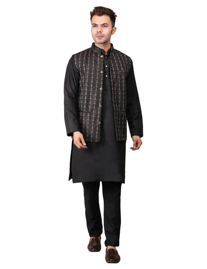 Men's Silk Blend Kurta Pajama with Designer Bundi Nehru Jacket/Waistcoat Black