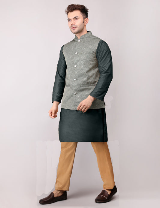 Men's Silk Blend Kurta Pajama with Designer Bundi Nehru Jacket/Waistcoat Royal Green